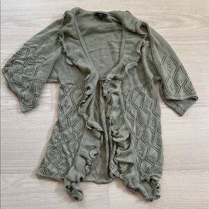 Slonl Knit Chic Ruffled Open-Front Cardigan in Olive
